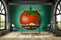 Close-up of red tomato with green stem on wallpaper


