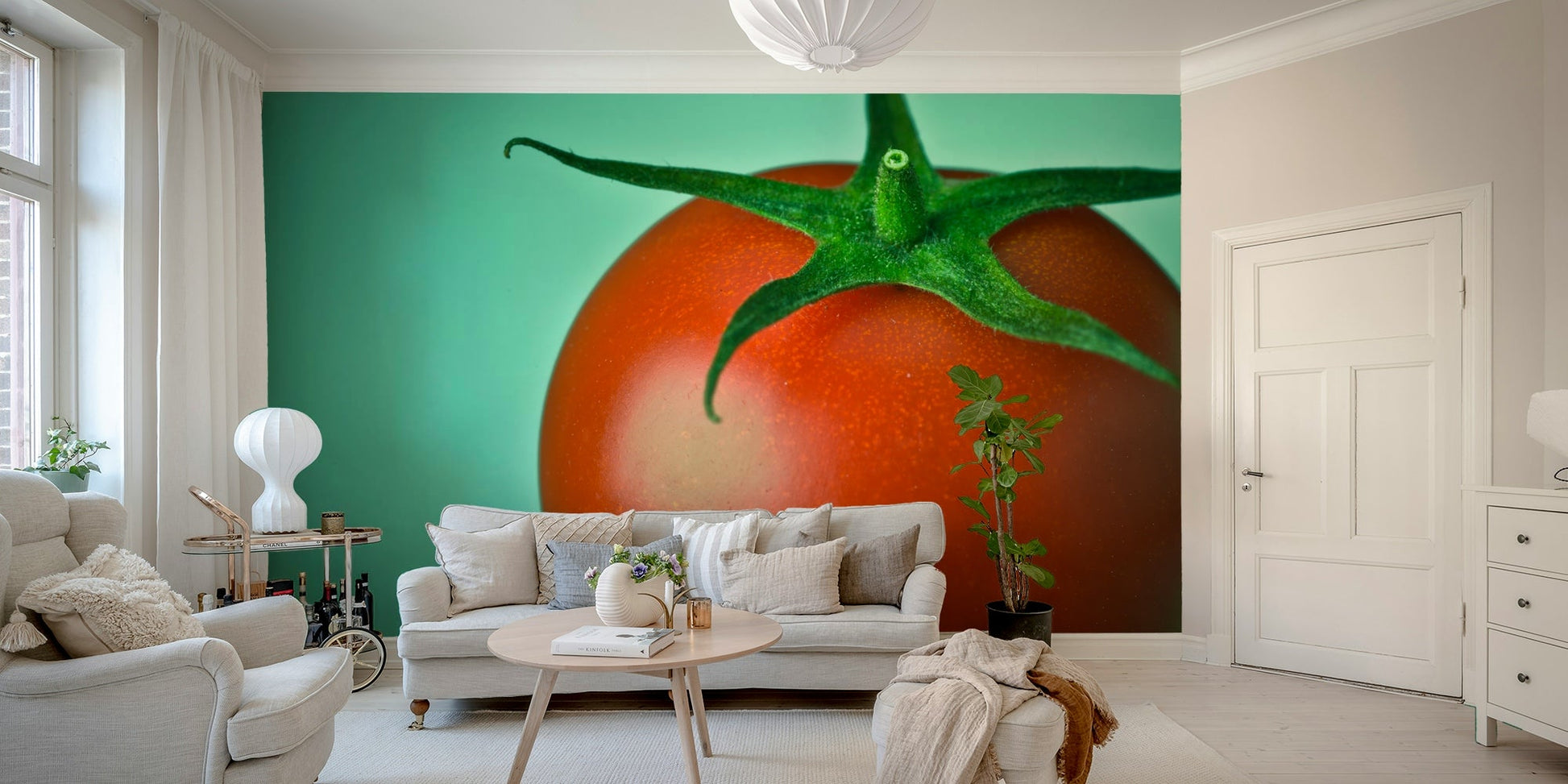 Food-themed wallpaper for walls with single ripe tomato

