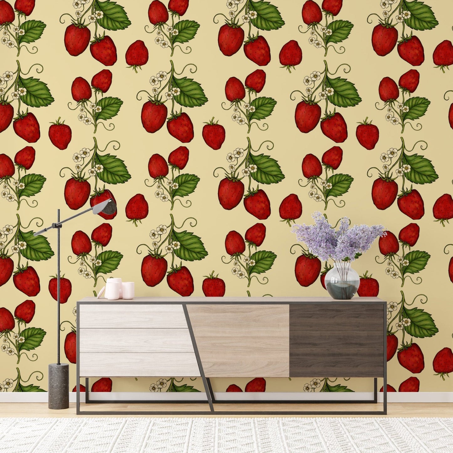 Bold red strawberry vines wallpaper for cheerful wall decor. RNM100
