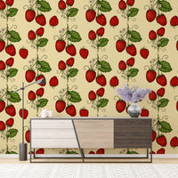 Bold red strawberry vines wallpaper for cheerful wall decor. RNM100
