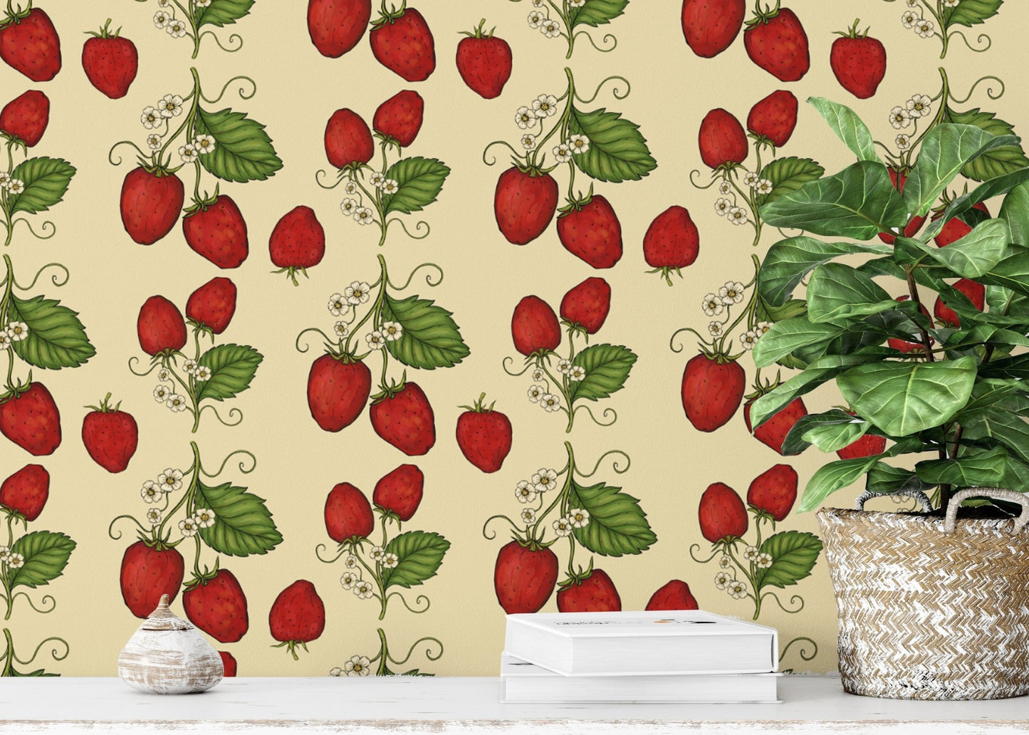 Playful red trailing strawberries wallpaper for cozy homes. RNM100
