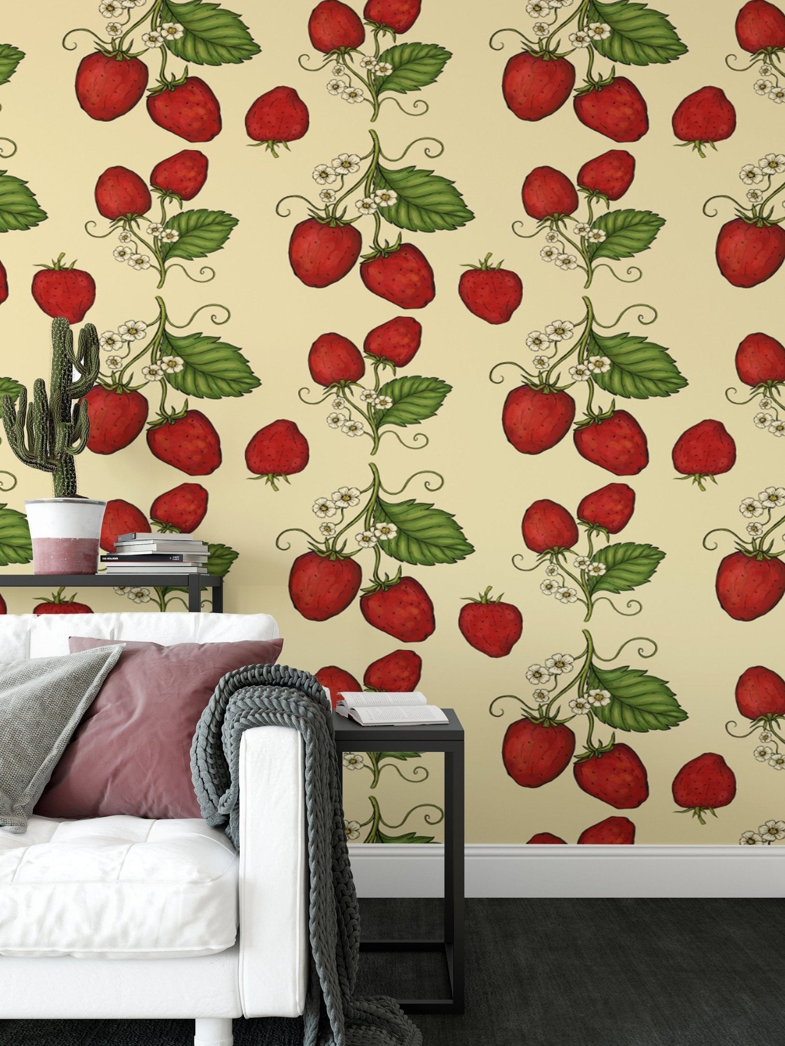 Charming trailing strawberries wallpaper in rich red tones. RNM100
