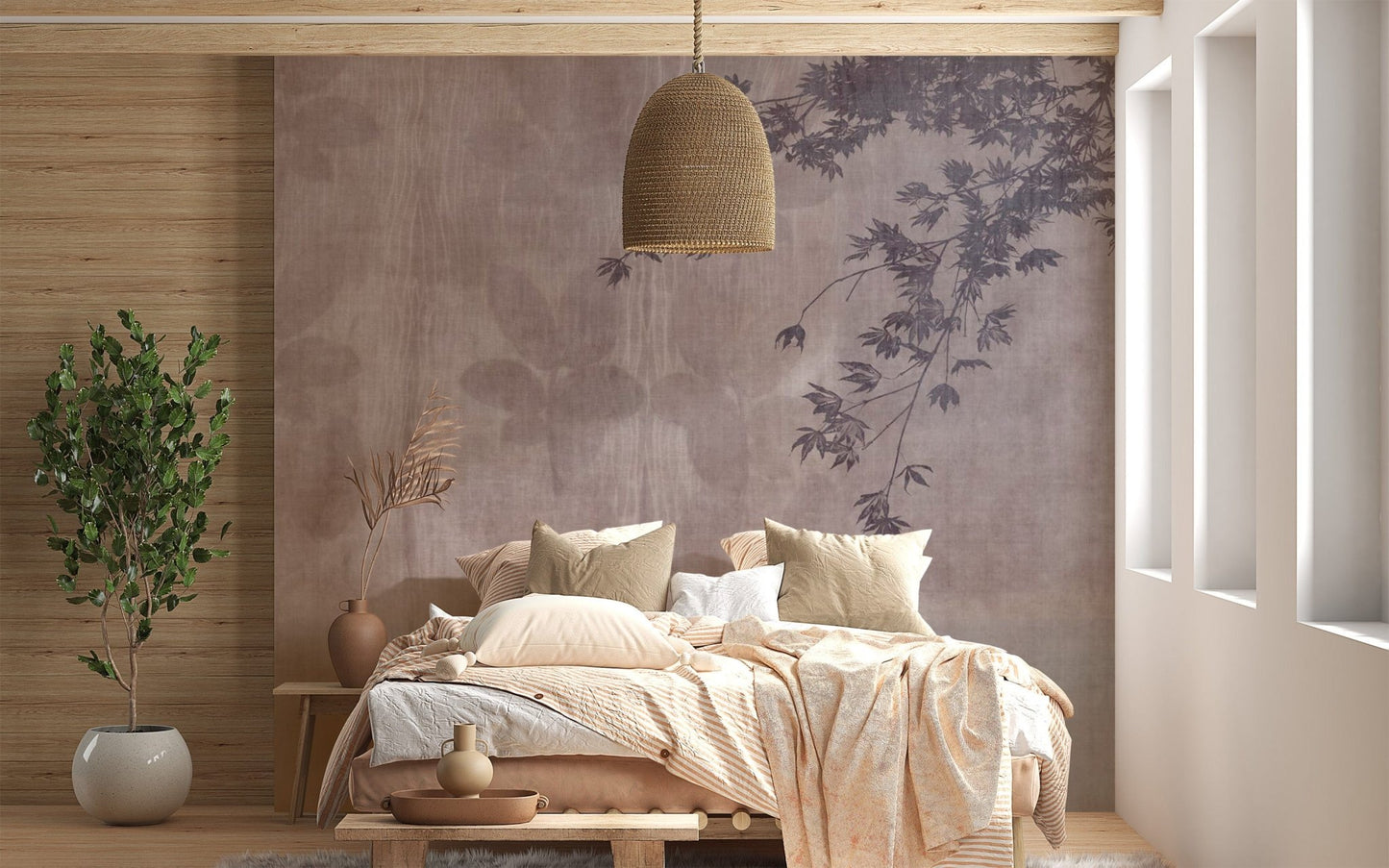 Tropical mural with red tones for interiors
