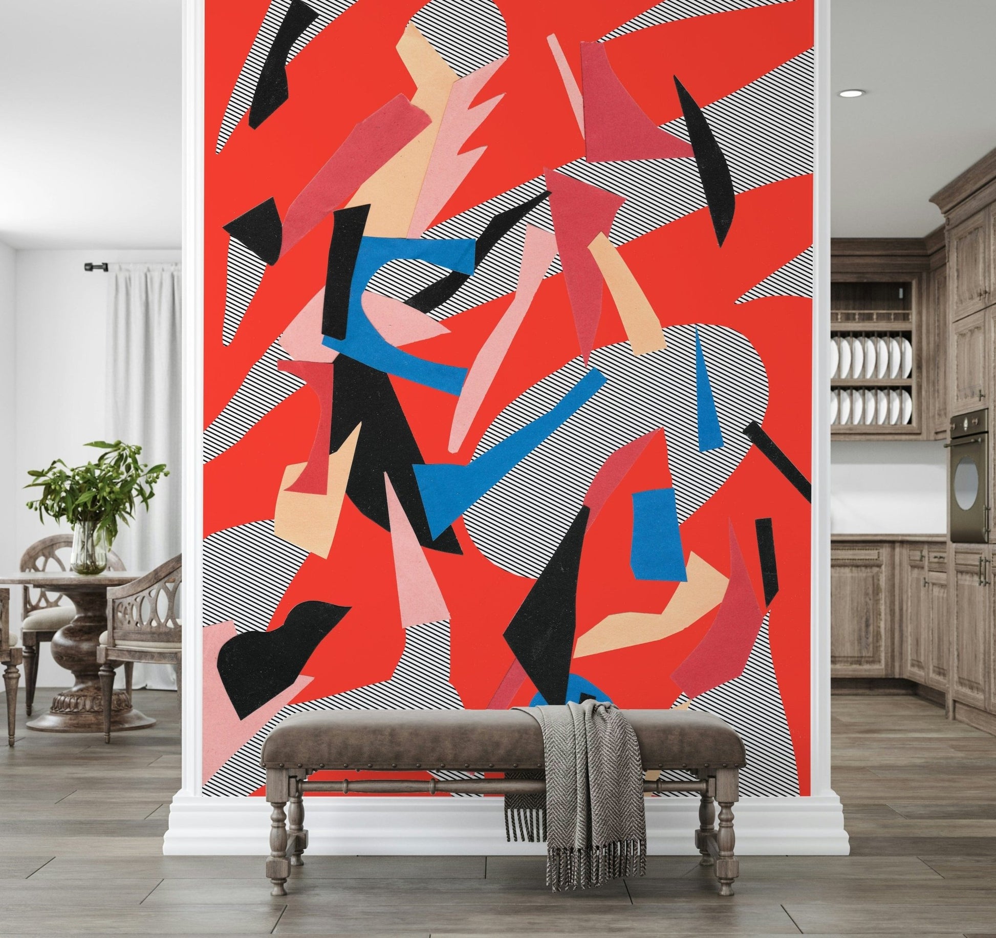A calming abstract design wallpaper mural that defines a space.