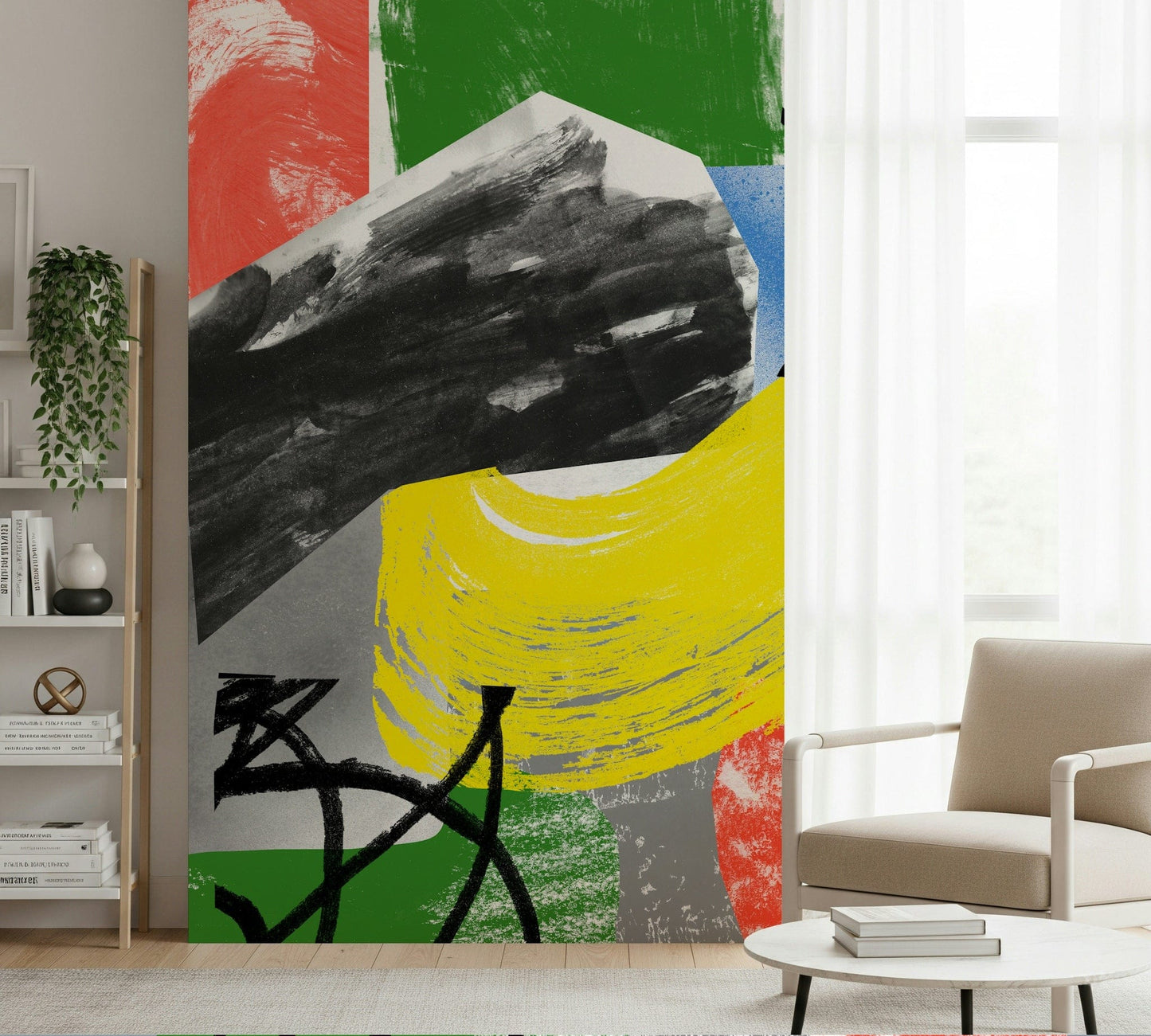 Wall mural, Redbluegreenyellow, raw artistic energy, gritty textures.
