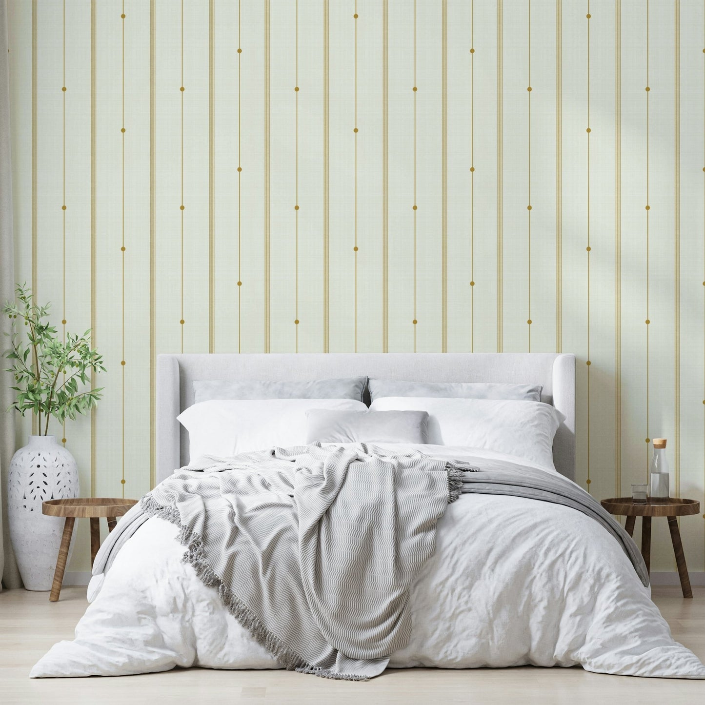 Striped wallpaper in a soft mustard and cream combination.