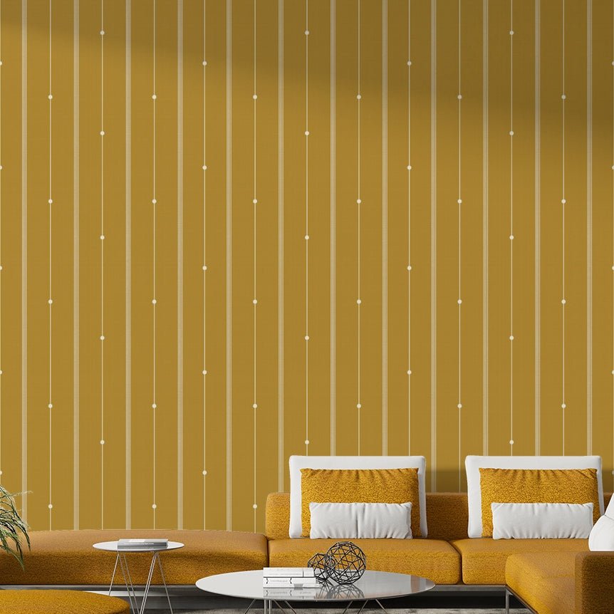 Graphic wallpaper in mustard with sleek line accents.

