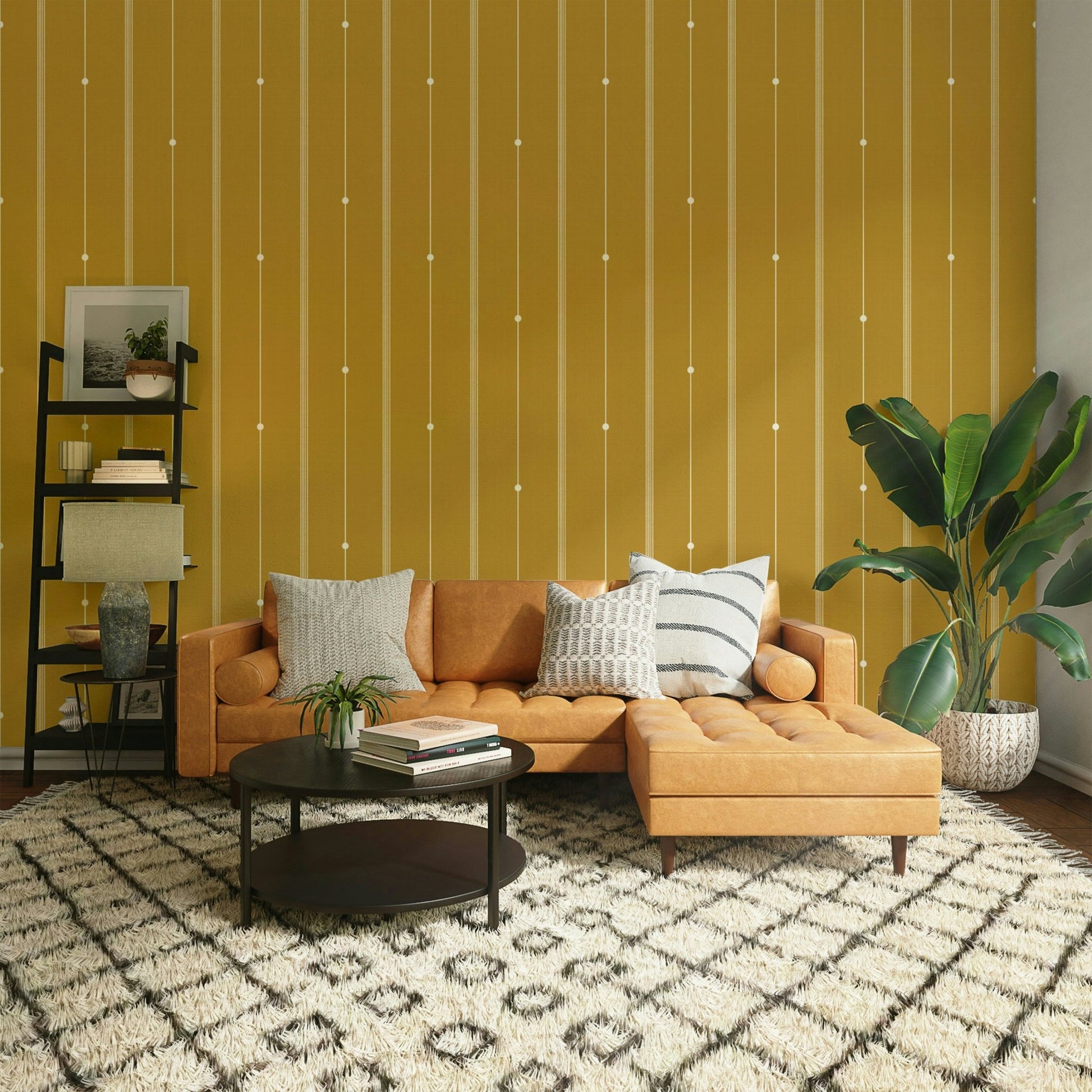 Linear stripe wallpaper in warm mustard for stylish walls.

