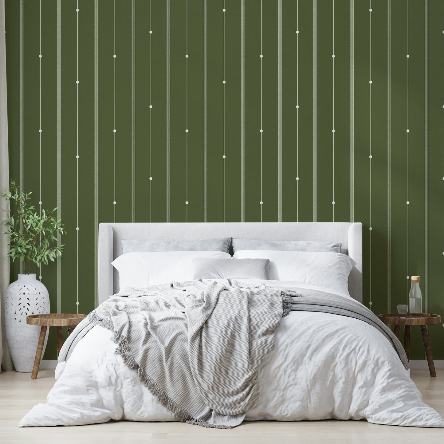Vertical stripes wallpaper in muted olive shade for bedrooms

