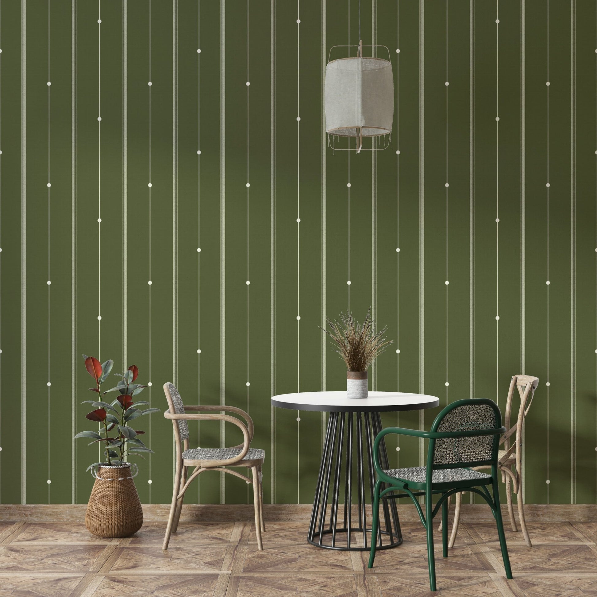 Minimalist green stripe wallpaper behind modern decor elements

