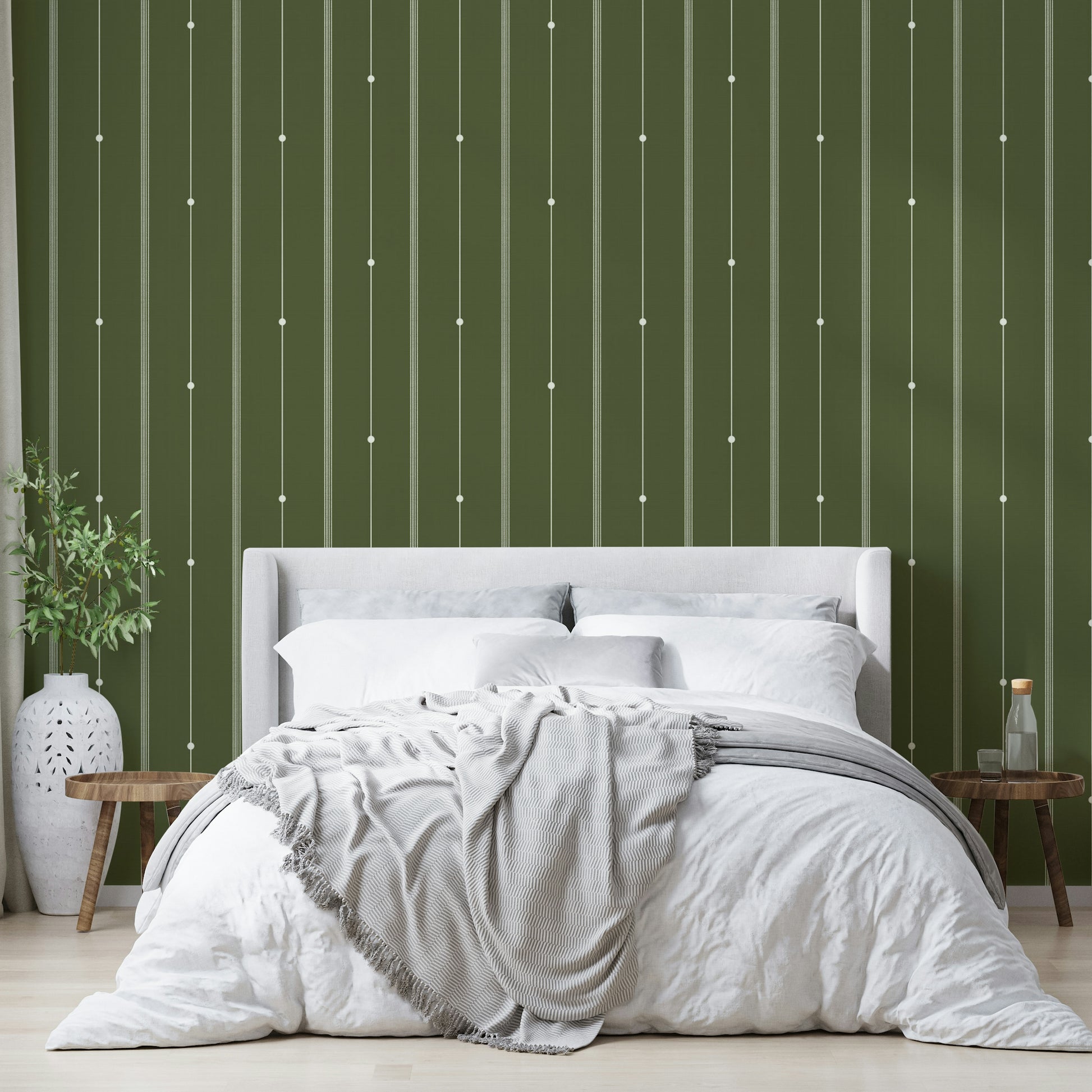 Vertical stripes wallpaper in muted olive shade for bedrooms


