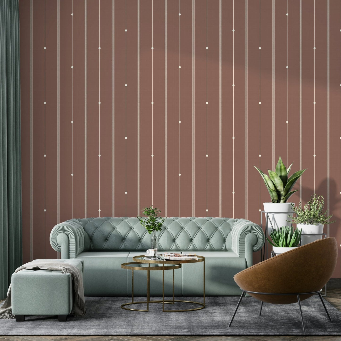 Striped sienna wallpaper creating a warm, modern ambiance

