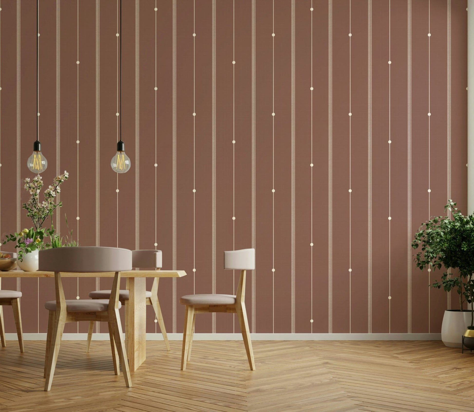 Close-up of refined sienna dust striped wallpaper texture

