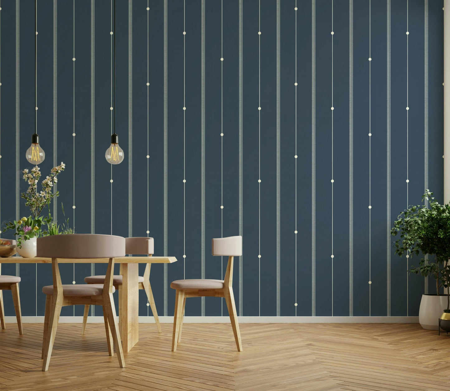 Contemporary steel blue striped wallpaper for interiors.