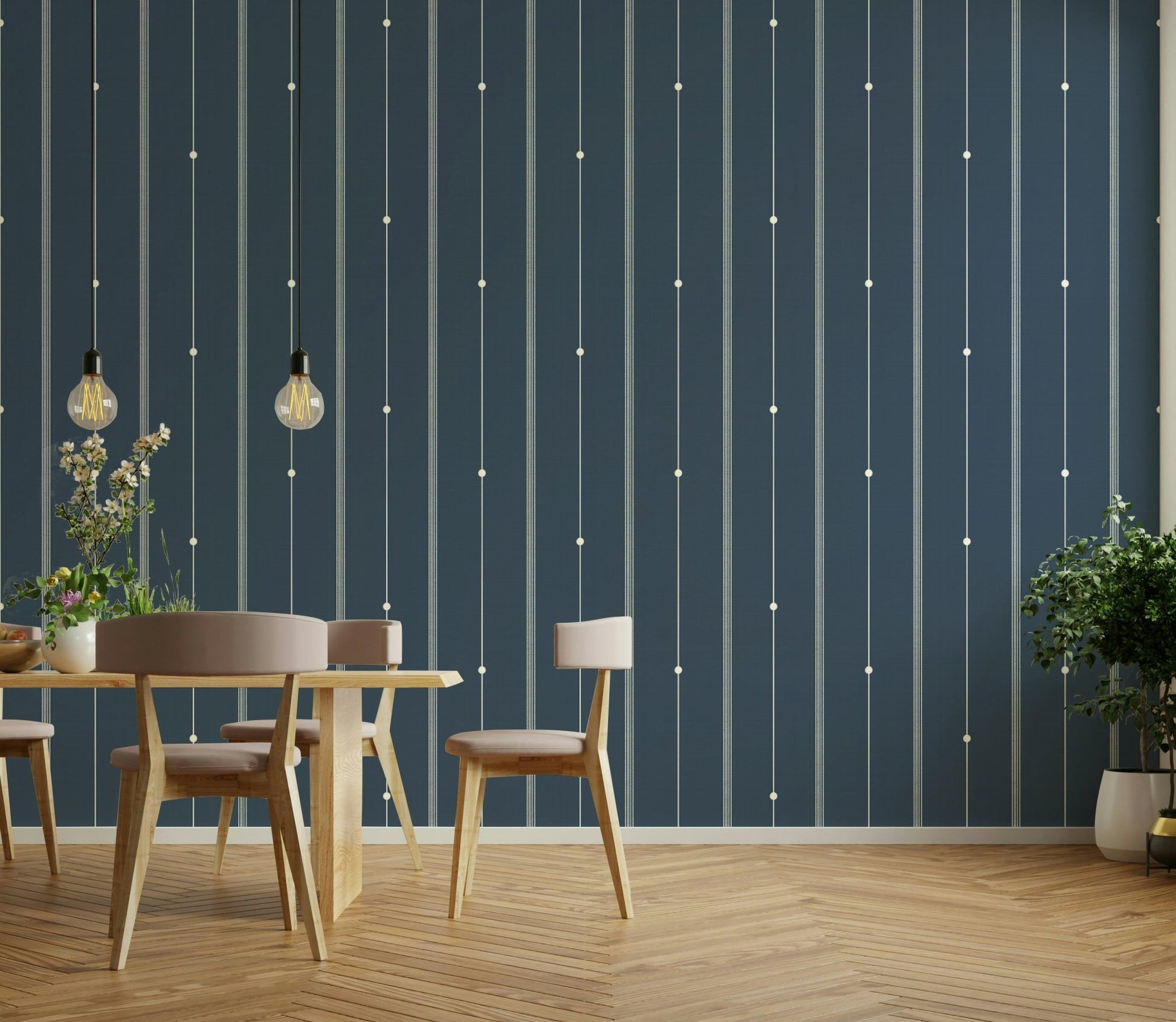 Contemporary steel blue striped wallpaper for interiors.