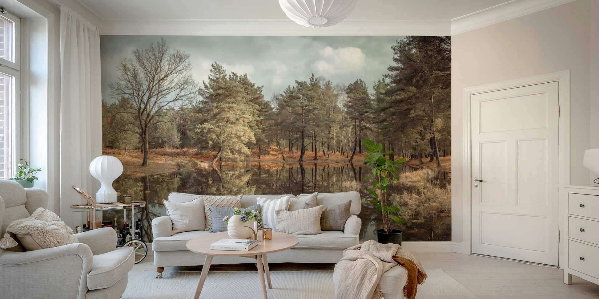 Peaceful mirrored landscape mural

