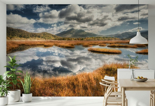 Dining area paired with Reflected Vista wall mural showing reflective landscape