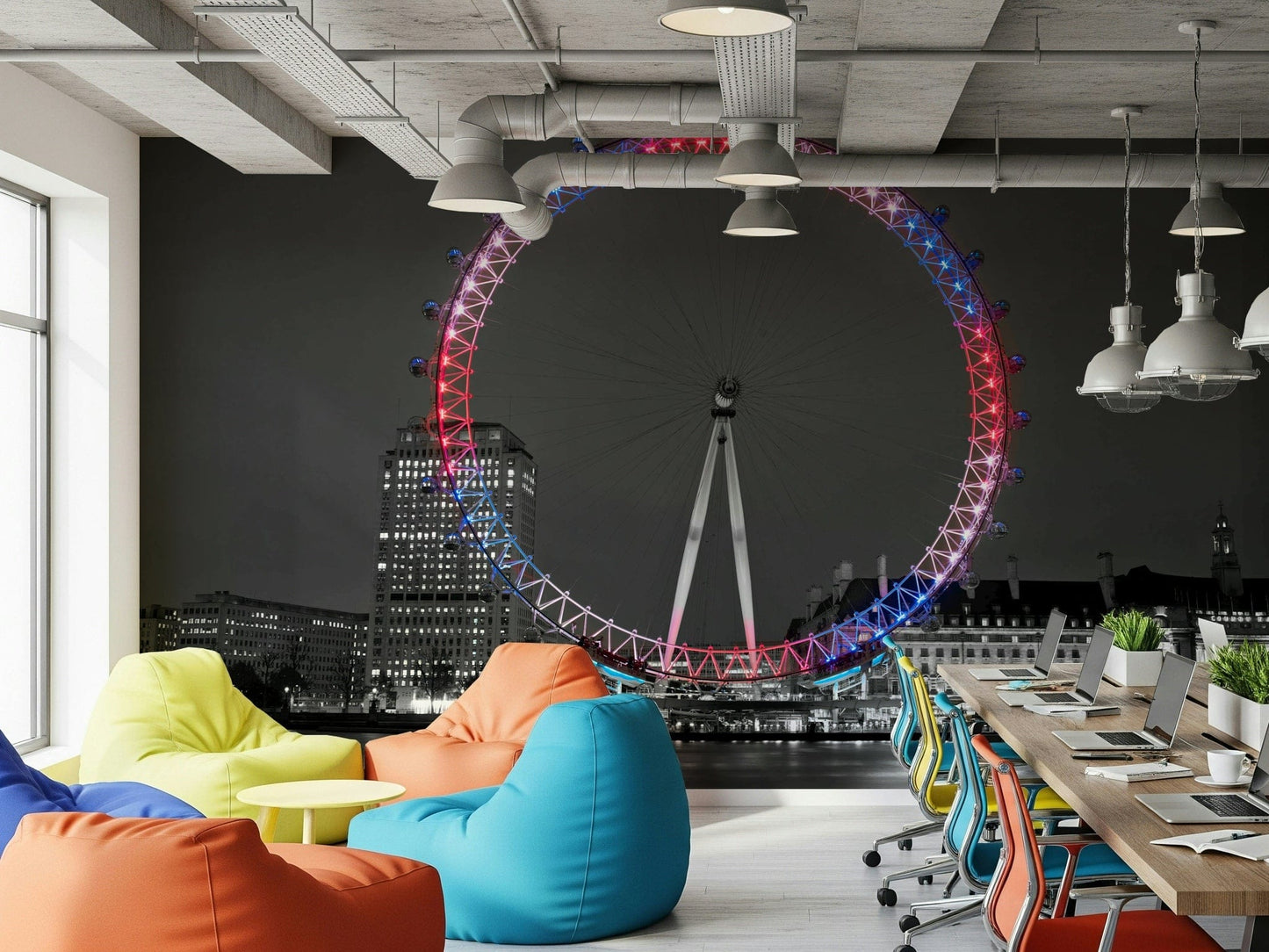 City skyline, iconic Ferris wheel, black and white unique wallpaper.