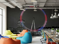 City skyline, iconic Ferris wheel, black and white unique wallpaper.