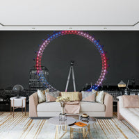 Reflecting Eye image, unique city wheel, vibrant lights wallpaper print.