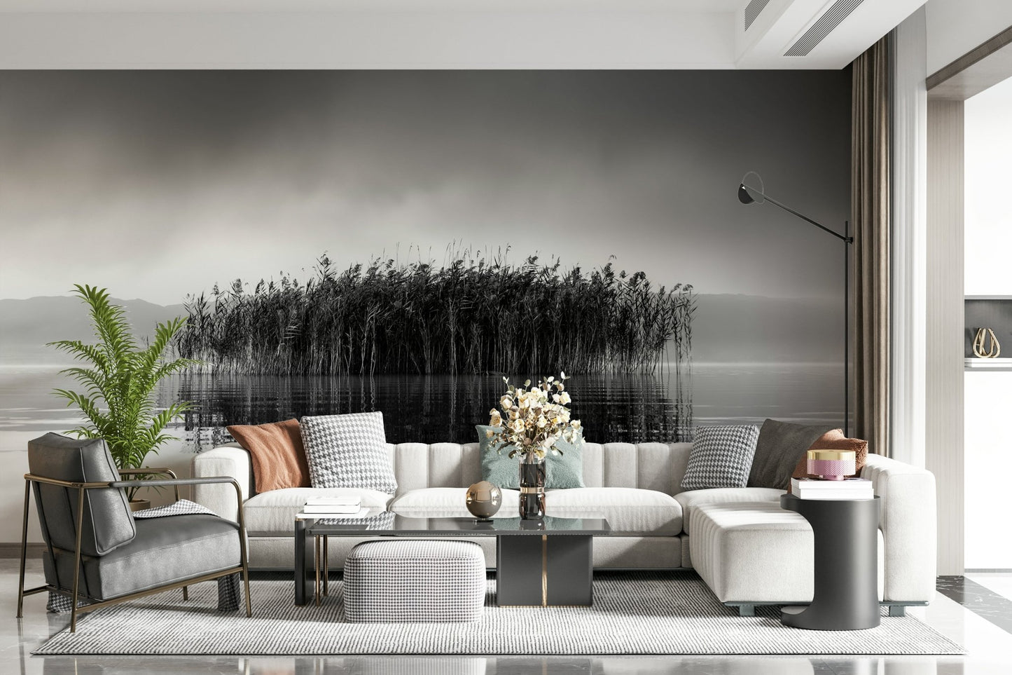 An artistic soft focus mural on minimalist wallpaper.