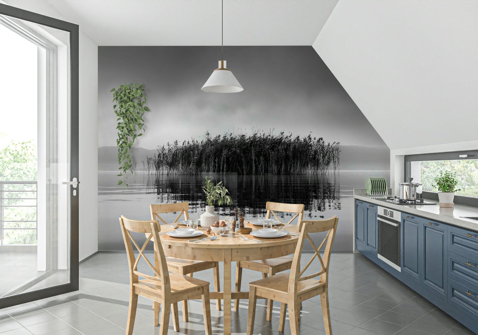 A graceful subtle pattern wall mural in cool, tranquil tones.