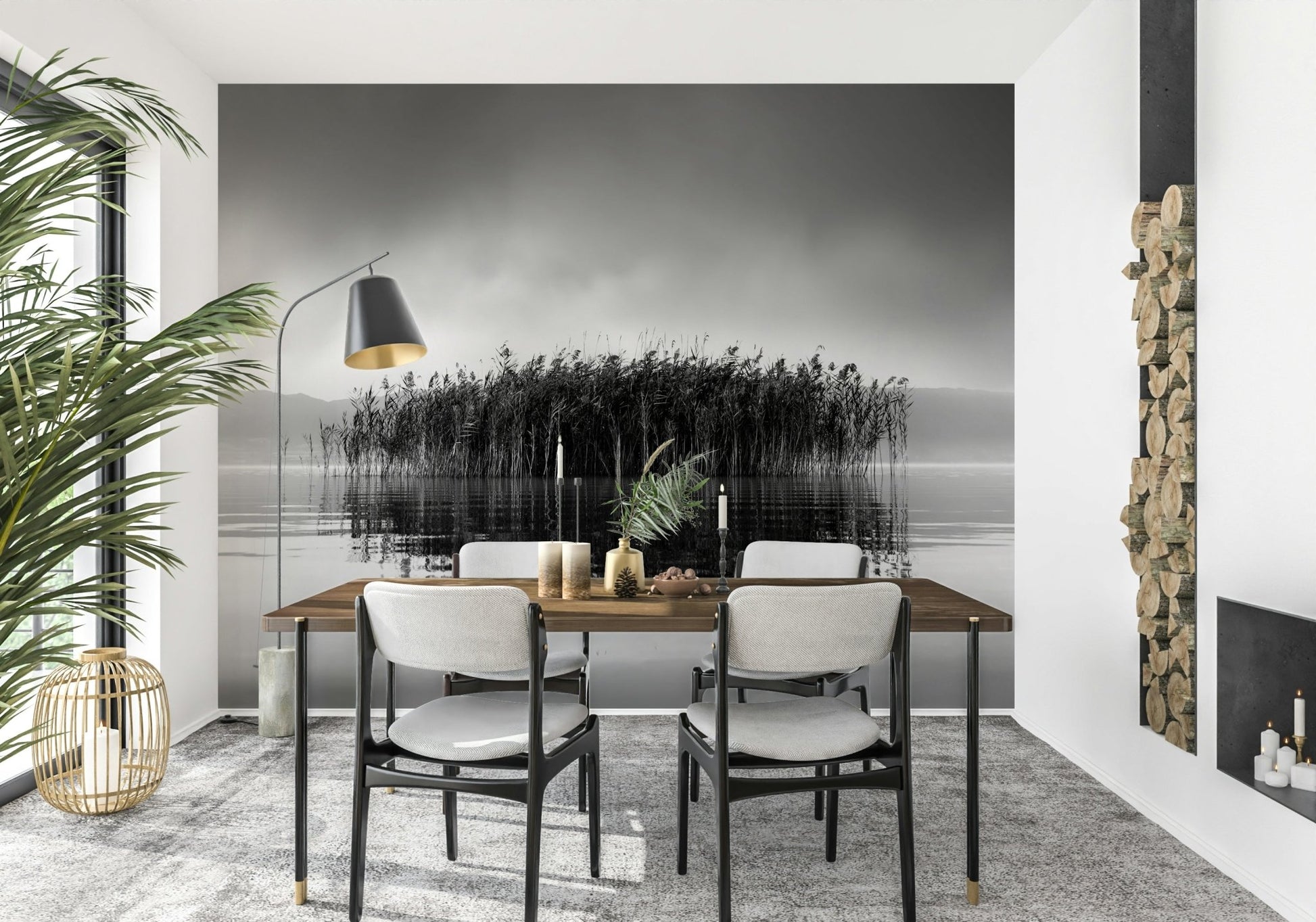 A peaceful modern abstract mural on decorative wallpaper.