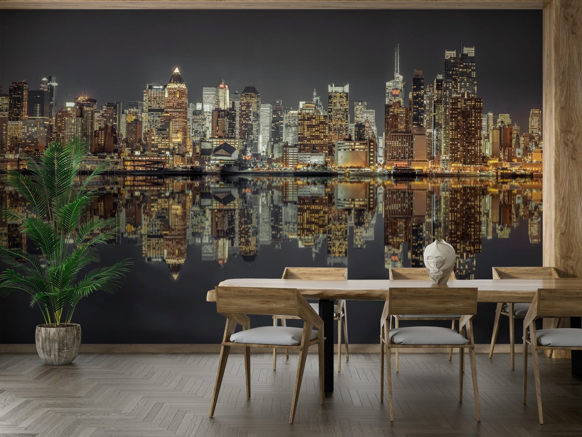 Skyscrapers mirrored on water.

