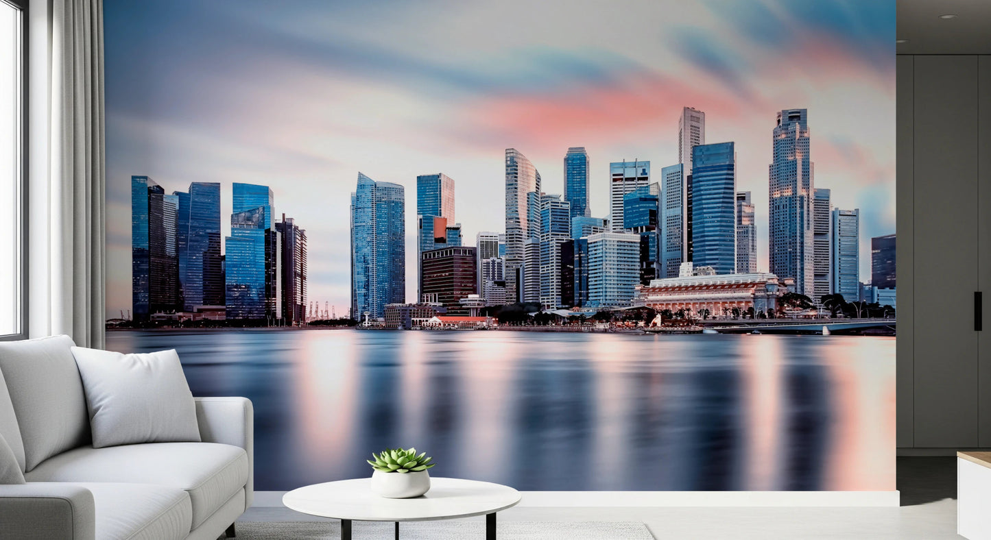 Reflective skyline wall mural for living room