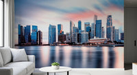 Reflective skyline wall mural for living room