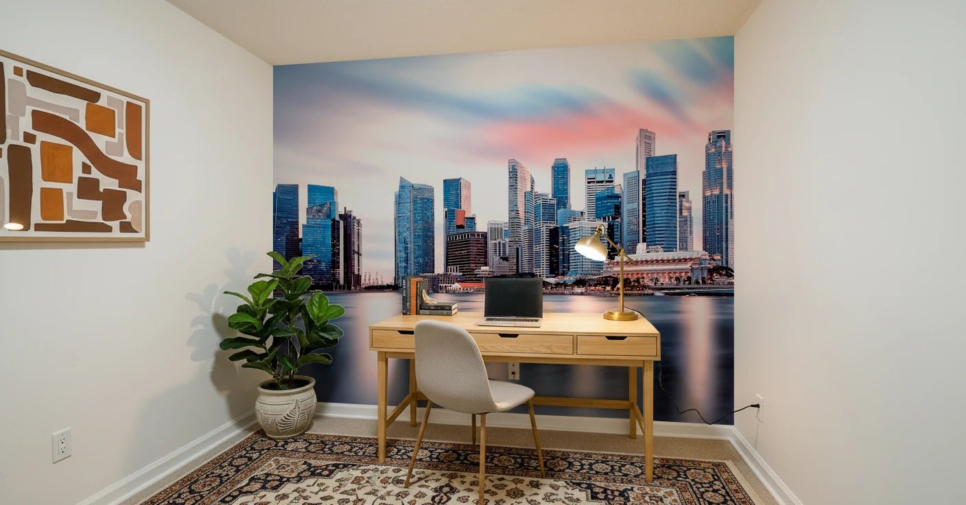 Urban skyline wall mural with glass buildings
