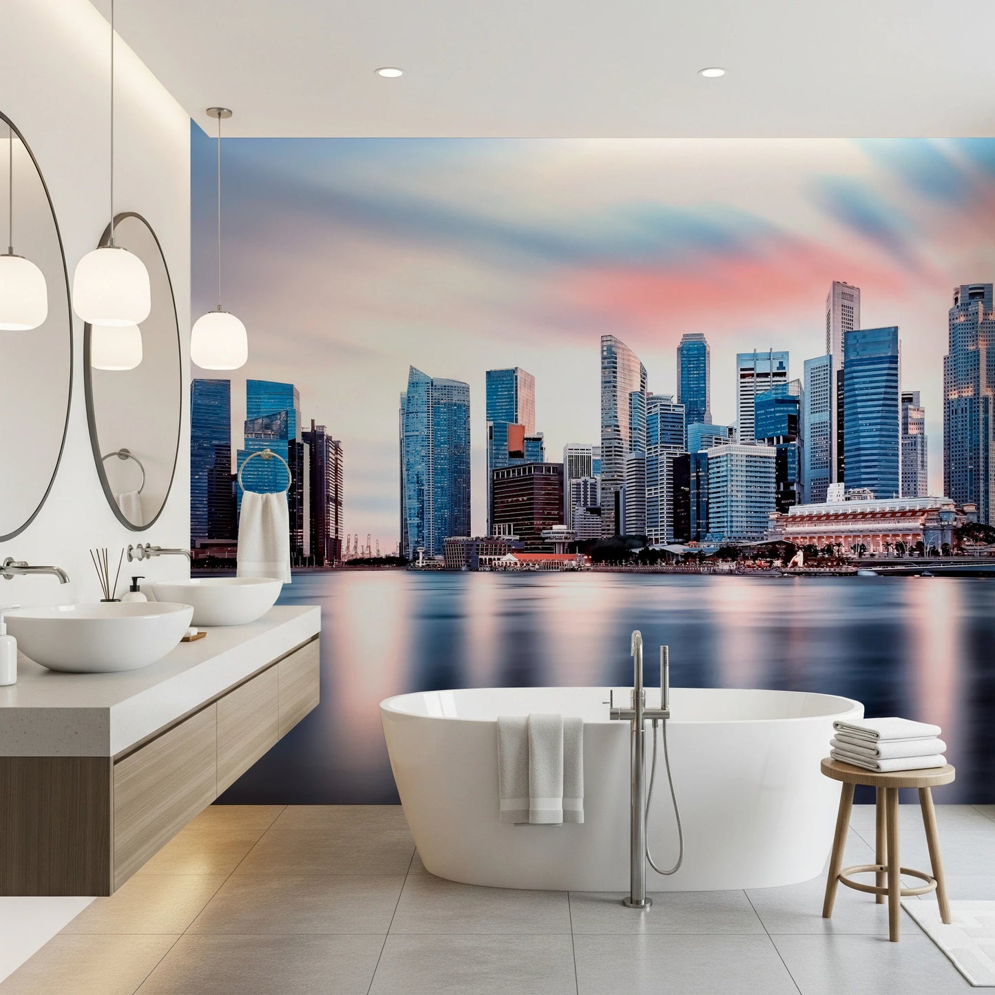 Modern city wall mural with water reflection