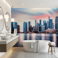 Modern city wall mural with water reflection