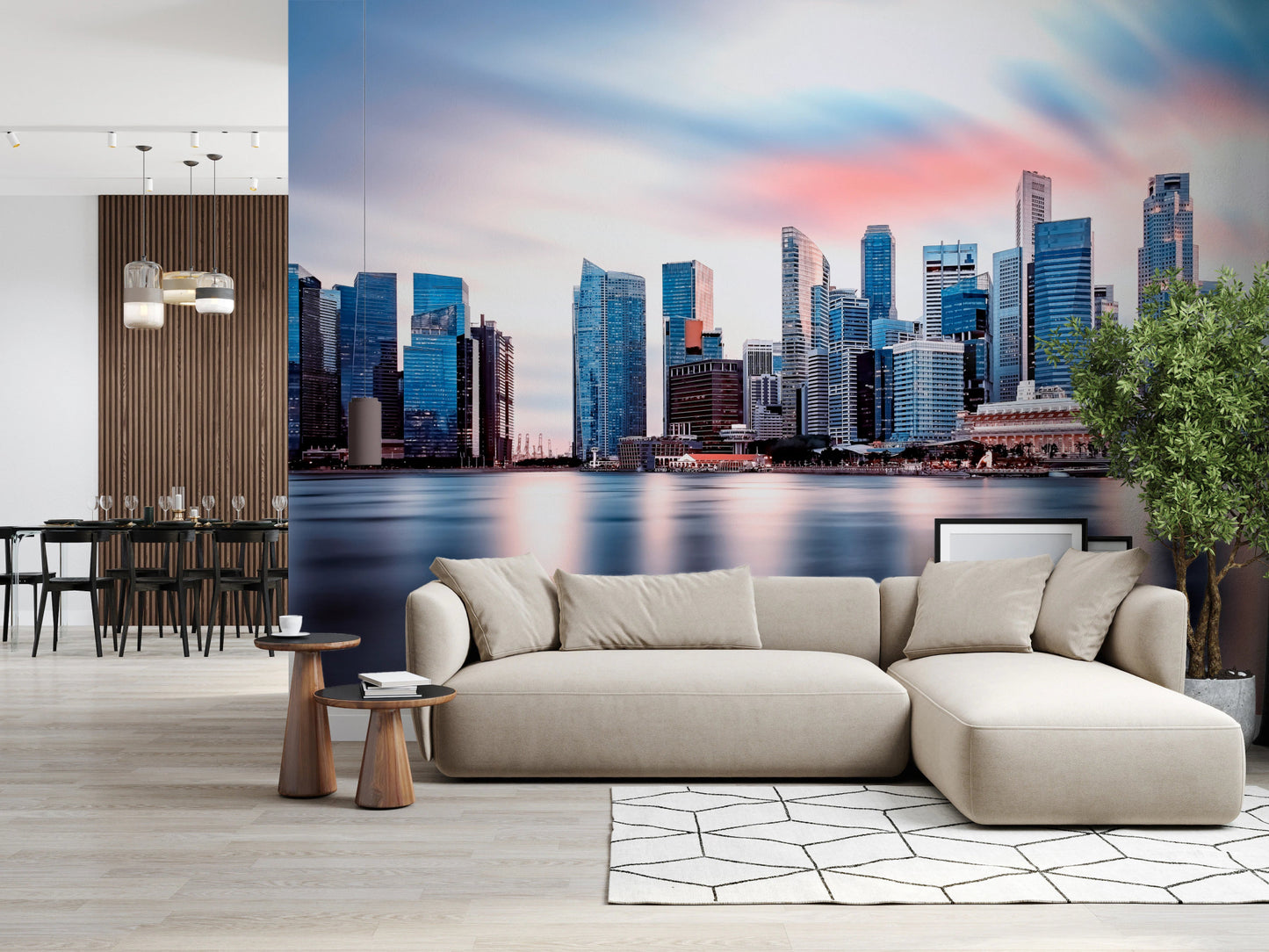 City waterfront wall mural with tall towers