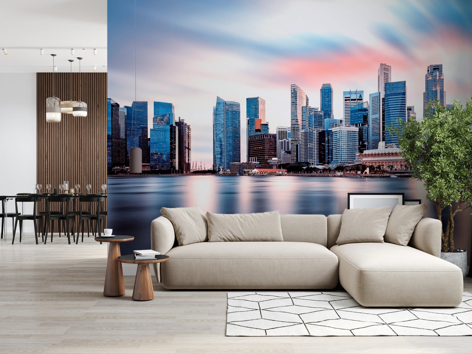 City waterfront wall mural with tall towers