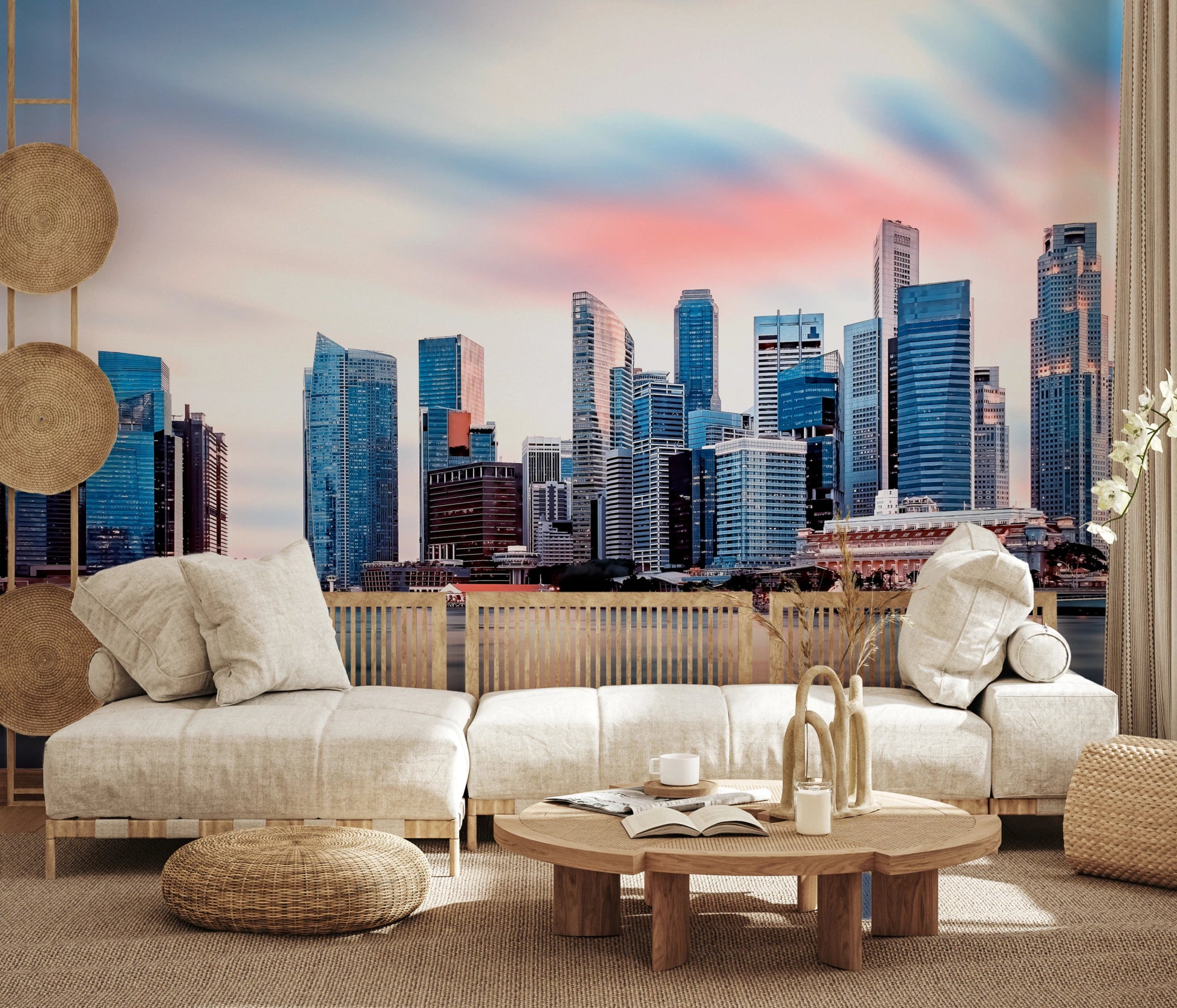 Modern cityscape wall mural at sunset