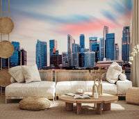 Modern cityscape wall mural at sunset