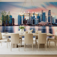 Urban city mural with calm water reflection