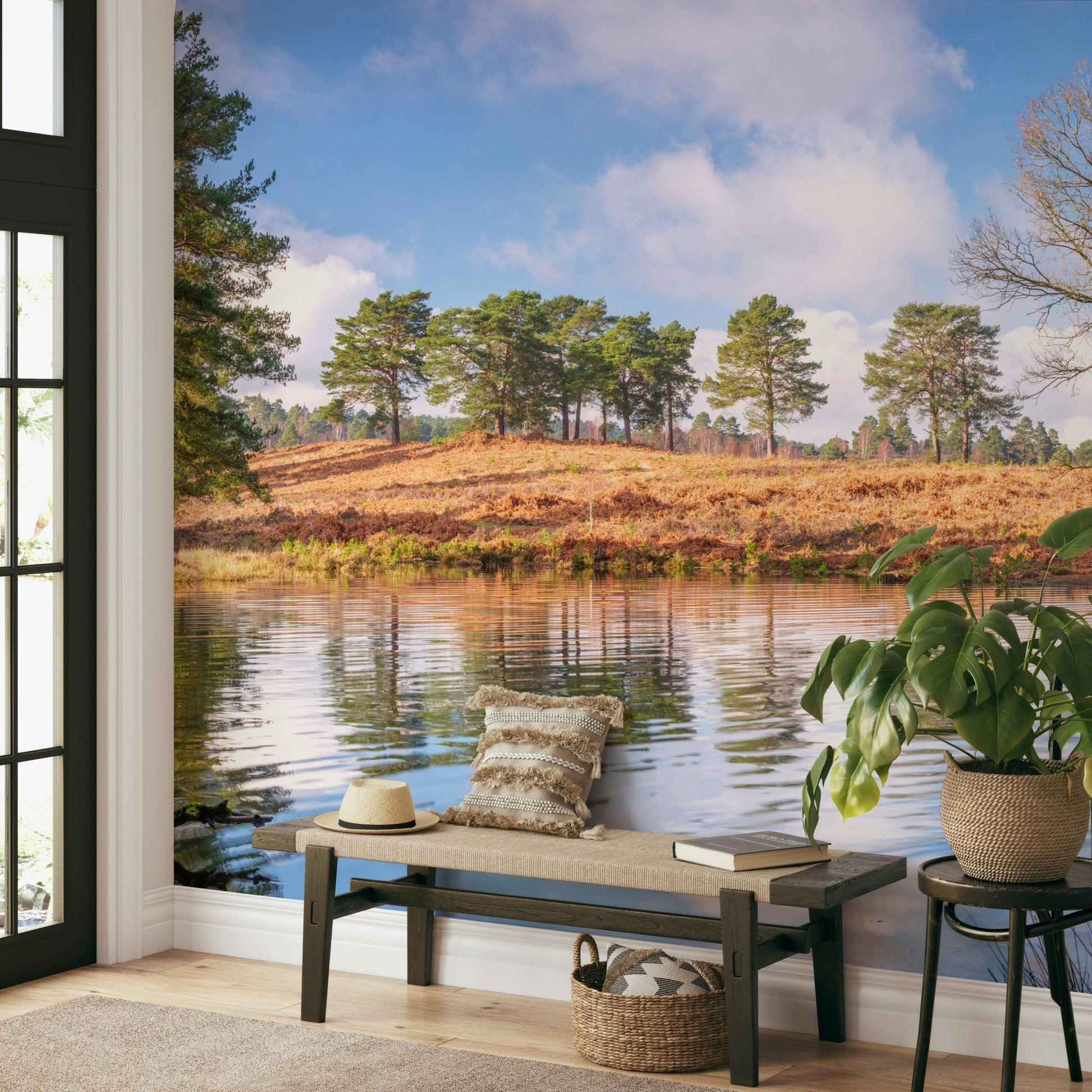 Scenic landscape mural with calm tones

