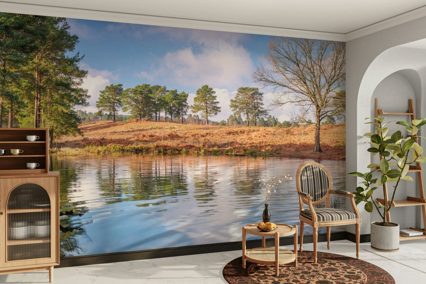 Nature mural with mirrored lake view

