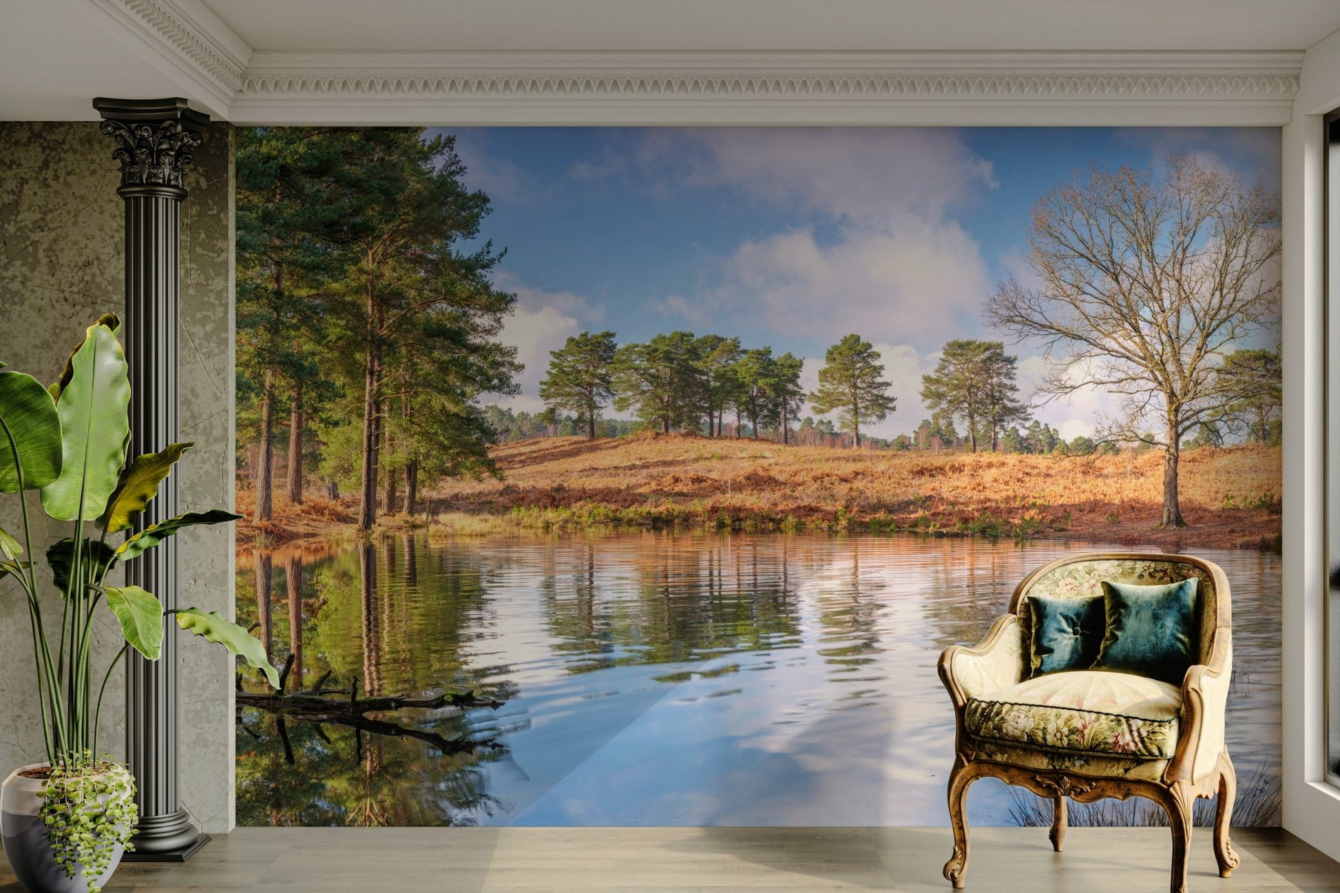Serene landscape mural with still water


