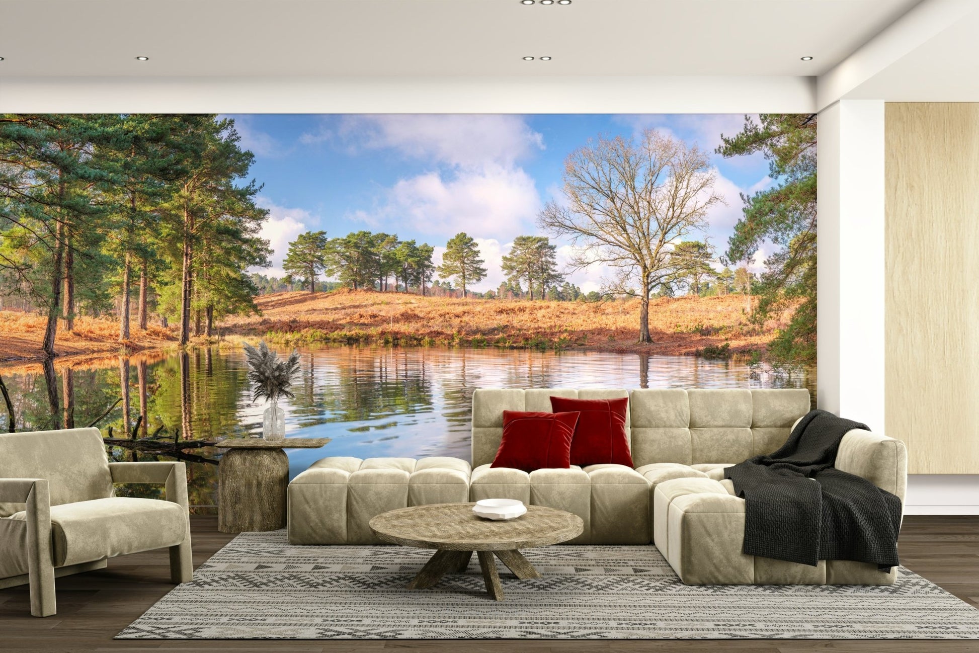 Calm lake scene wallpaper with reflections

