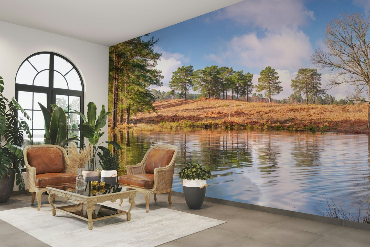 Tranquil lake and sky wallpaper design

