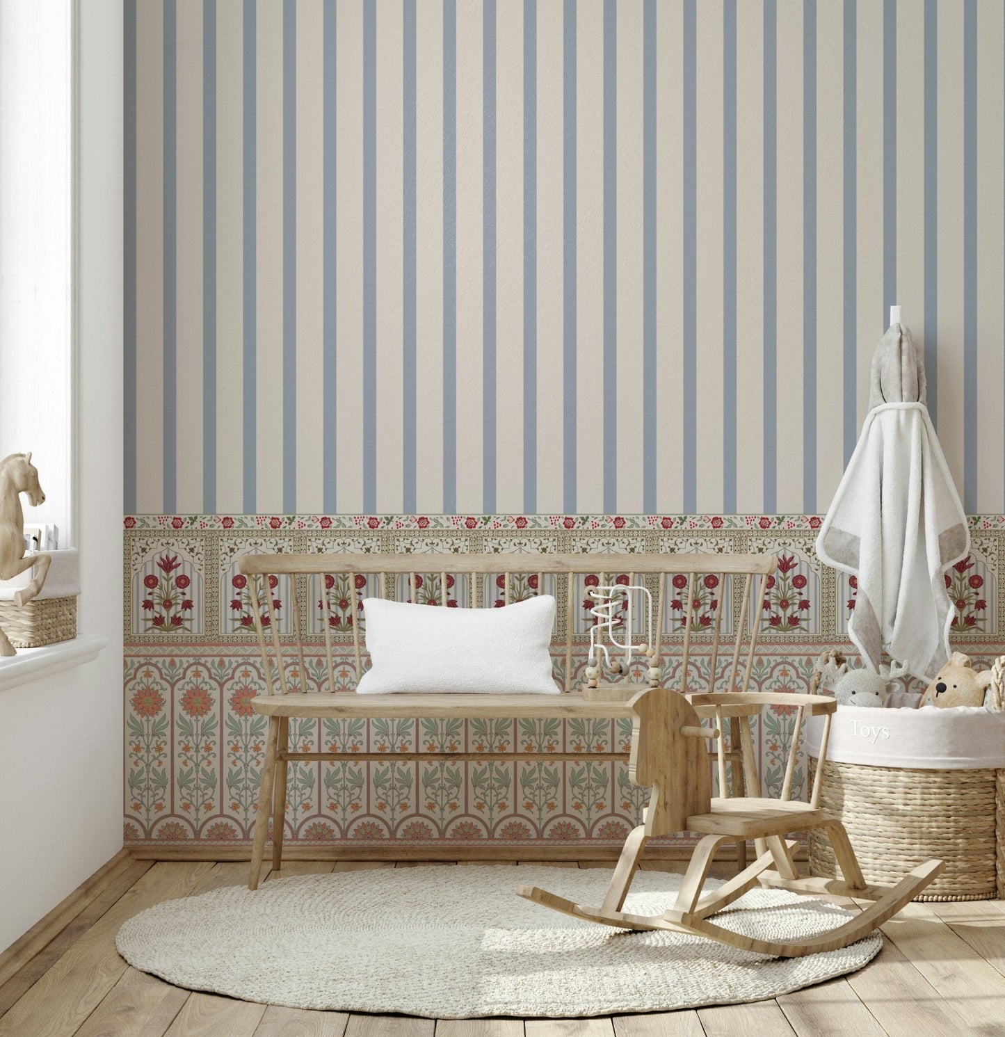 Decorative wall mural combining floral pattern with structured striped wallpaper layout