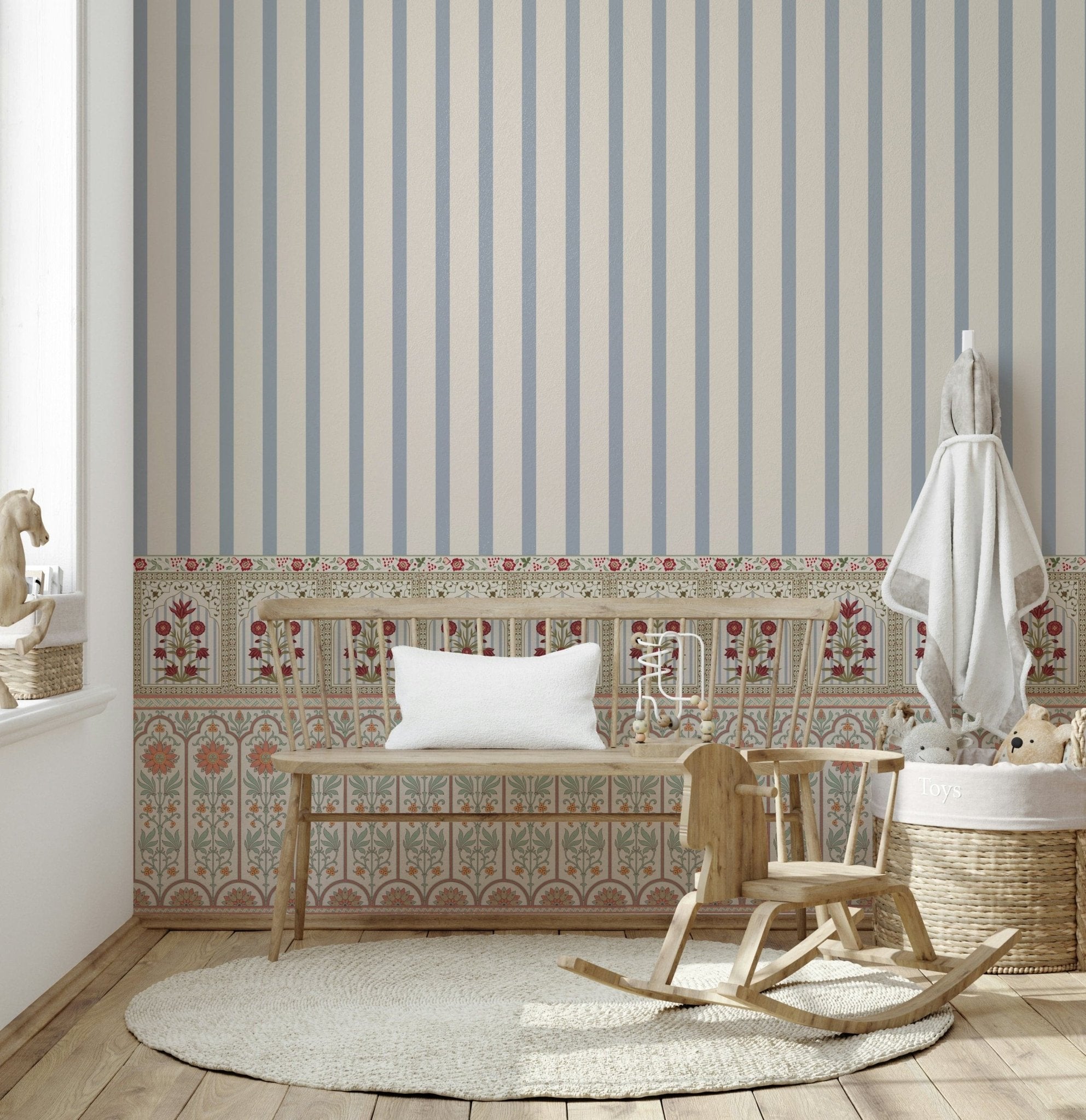 Decorative wall mural combining floral pattern with structured striped wallpaper layout, GD7571