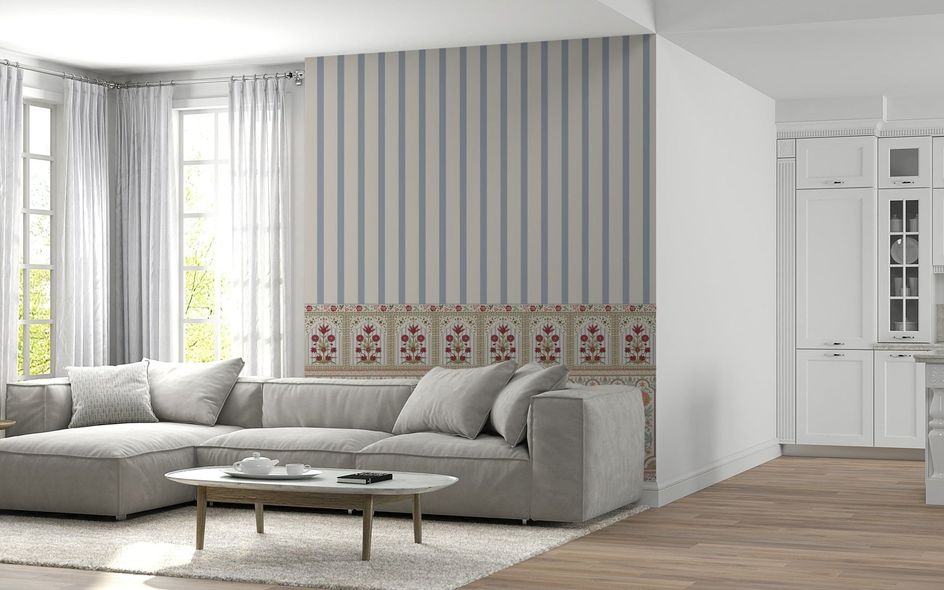 Floral pattern striped wallpaper mural in muted, refined tones