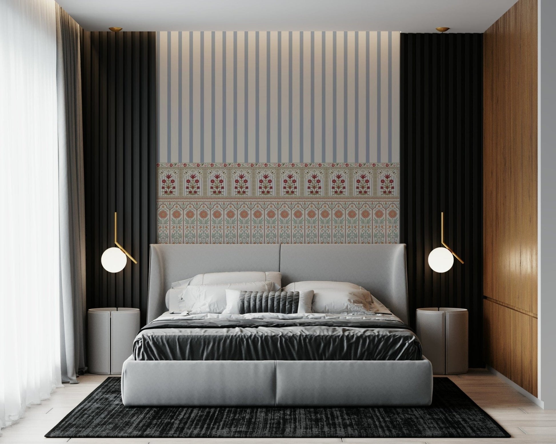Regal Bloom Stripes mural designed with flowing flowers and vertical stripe accents