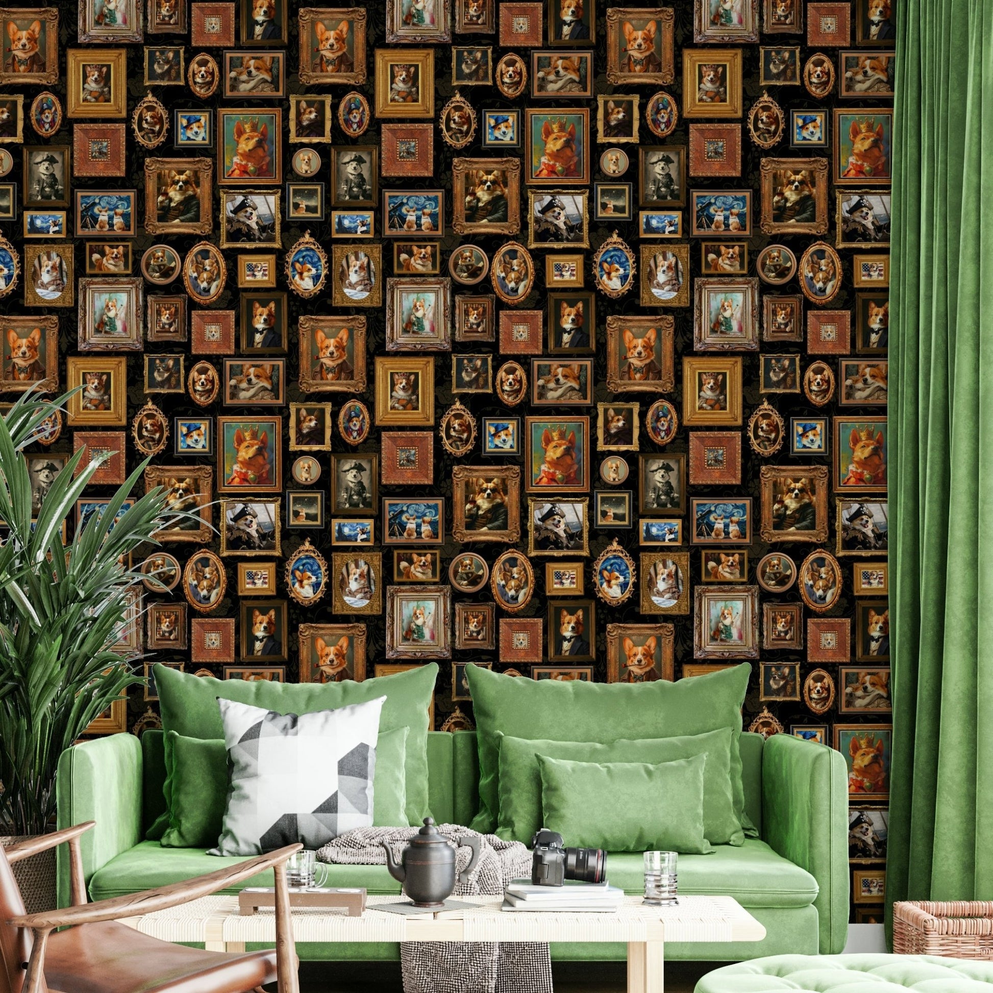 Corgis posed in opulent or classic art gallery settings.

