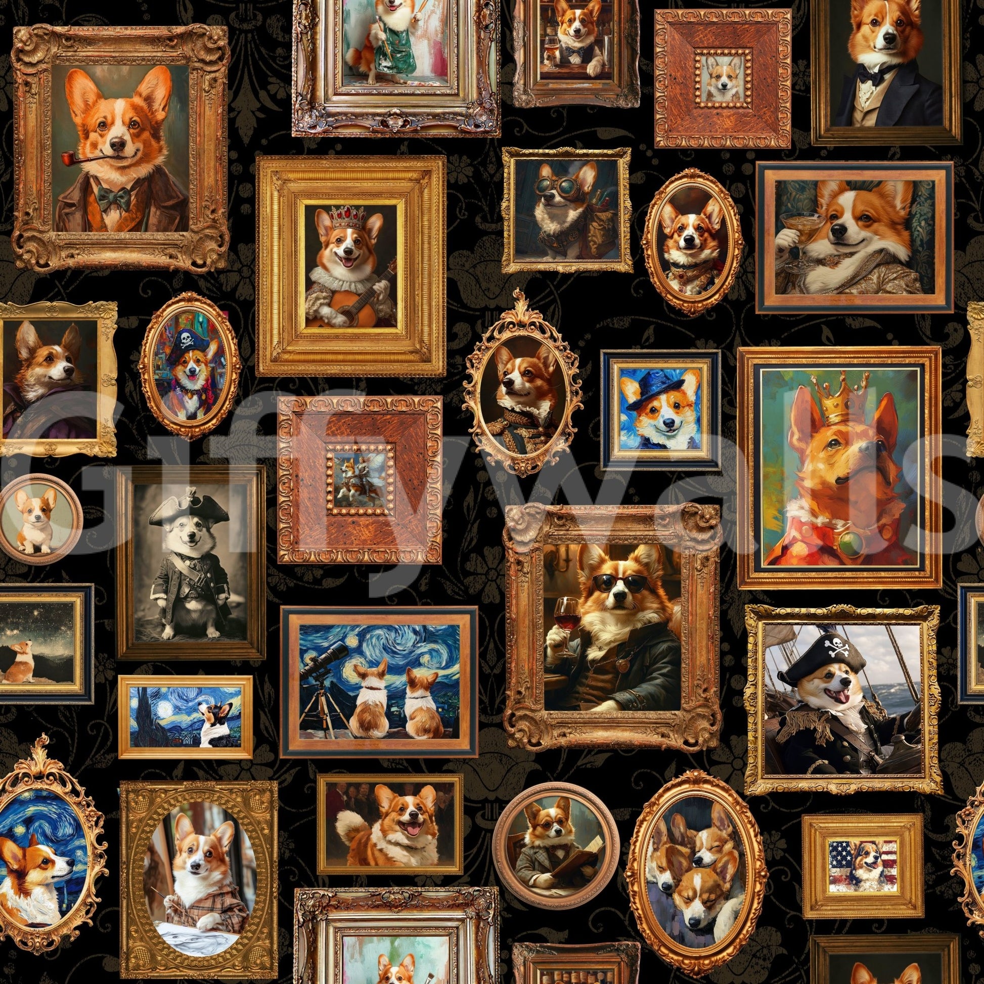 Individual Corgi portraits or a repeating gallery pattern.