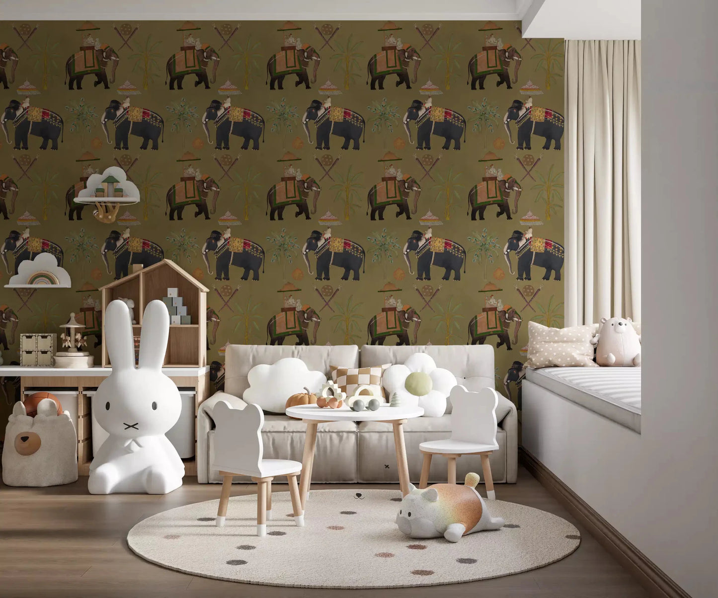 Kids room elephant journey wall mural showing regal scenic detail, GD8976